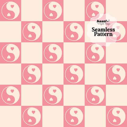 Checkered Yin Yang Hearts Seamless Pattern