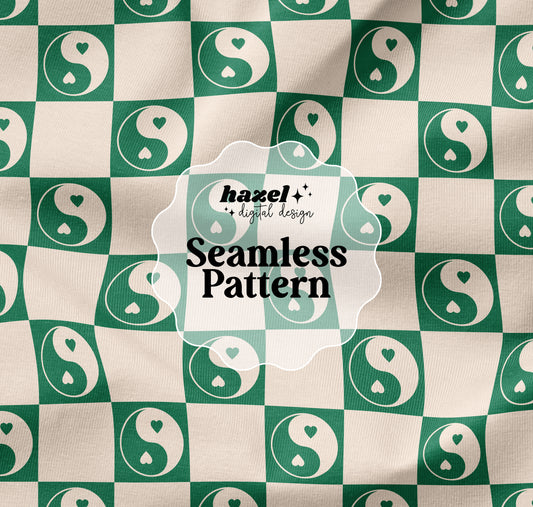 Checkered Yin Yang Hearts Seamless Pattern