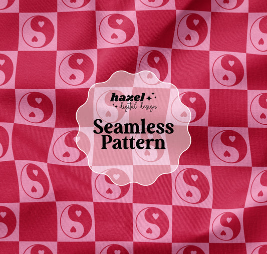 Checkered Yin Yang Hearts Seamless Pattern