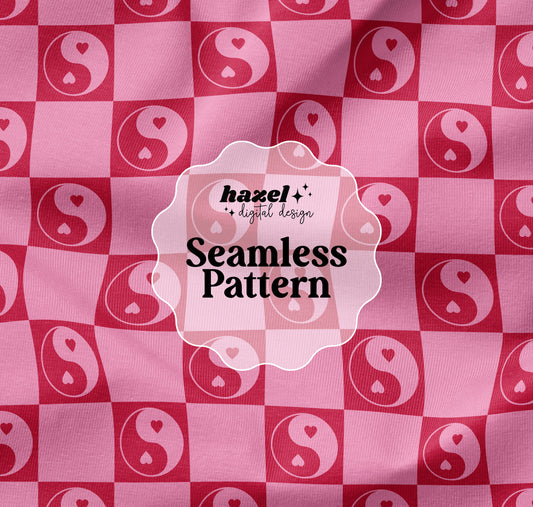 Checkered Yin Yang Hearts Seamless Pattern