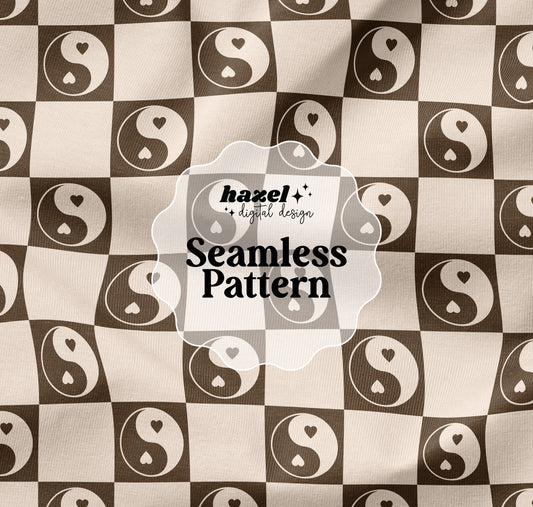 Checkered Yin Yang Hearts Seamless Pattern